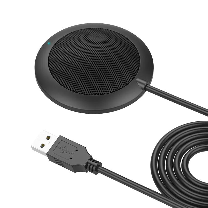 Black USB omnidirectional conference microphone with zinc alloy construction and metal mesh cover