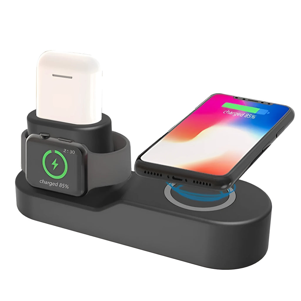 Black W3 wireless charging stand holding an iPhone, an Apple Watch on its magnetic charger, and AirPods connected to the dock.