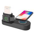 Black W3 wireless charging stand holding an iPhone, an Apple Watch on its magnetic charger, and AirPods connected to the dock.