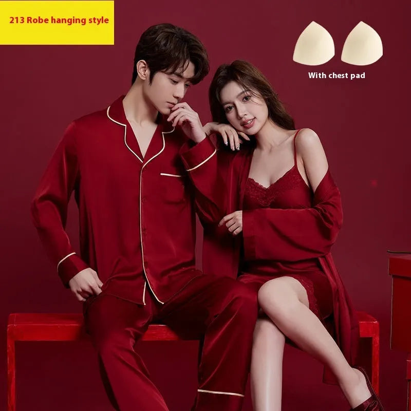 Red polyester pyjama set for men and women with long sleeves and trousers