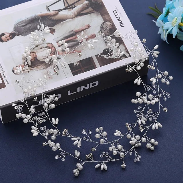 Crystal and pearl wedding hair band for brides in gold, silver, rose gold colours
