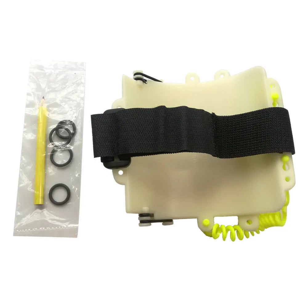White luminous ABS dive wristboard for underwater handwriting, shown with pencil and O-ring.