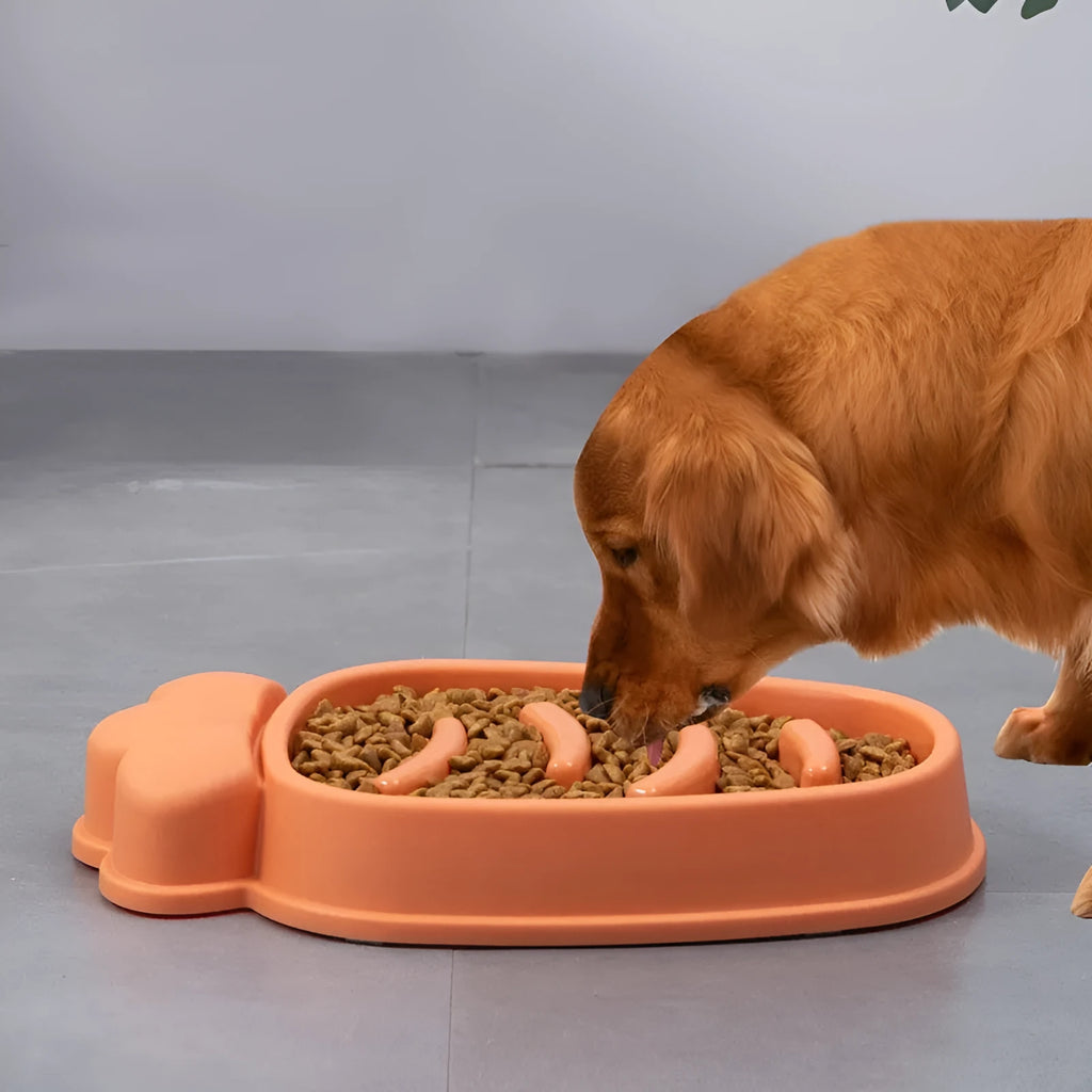 Radish slow food anti-tumble plastic pet bowl in Mango Yellow, Twilight Orange, Gentiana Green or ink blue.