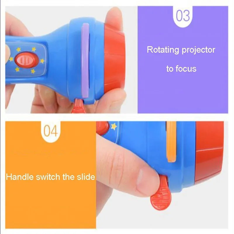 Kids story projector torch with rotating fairy tale discs projecting images onto bedroom wall
