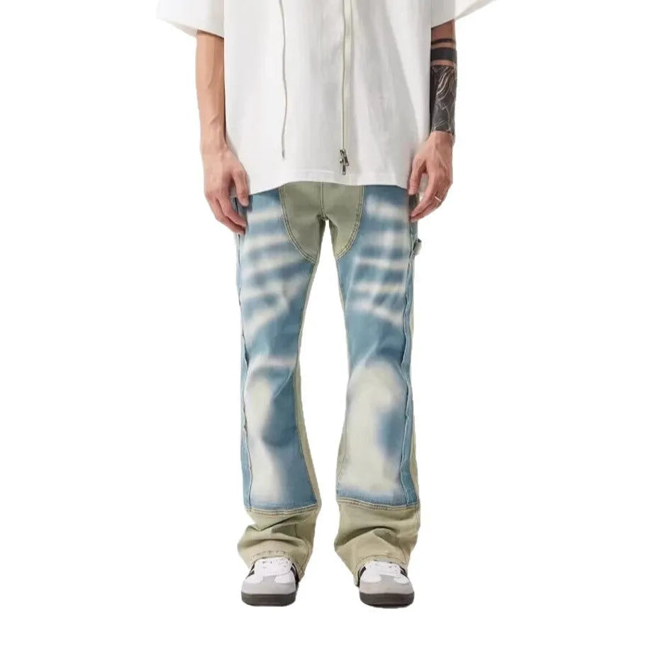 Men's retro jeans with yellow and blue patchwork denim and distressed detailing