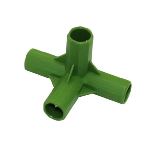 Two white PP plastic garden connectors, one with three arms and one with four, for connecting 11mm plant support stakes.