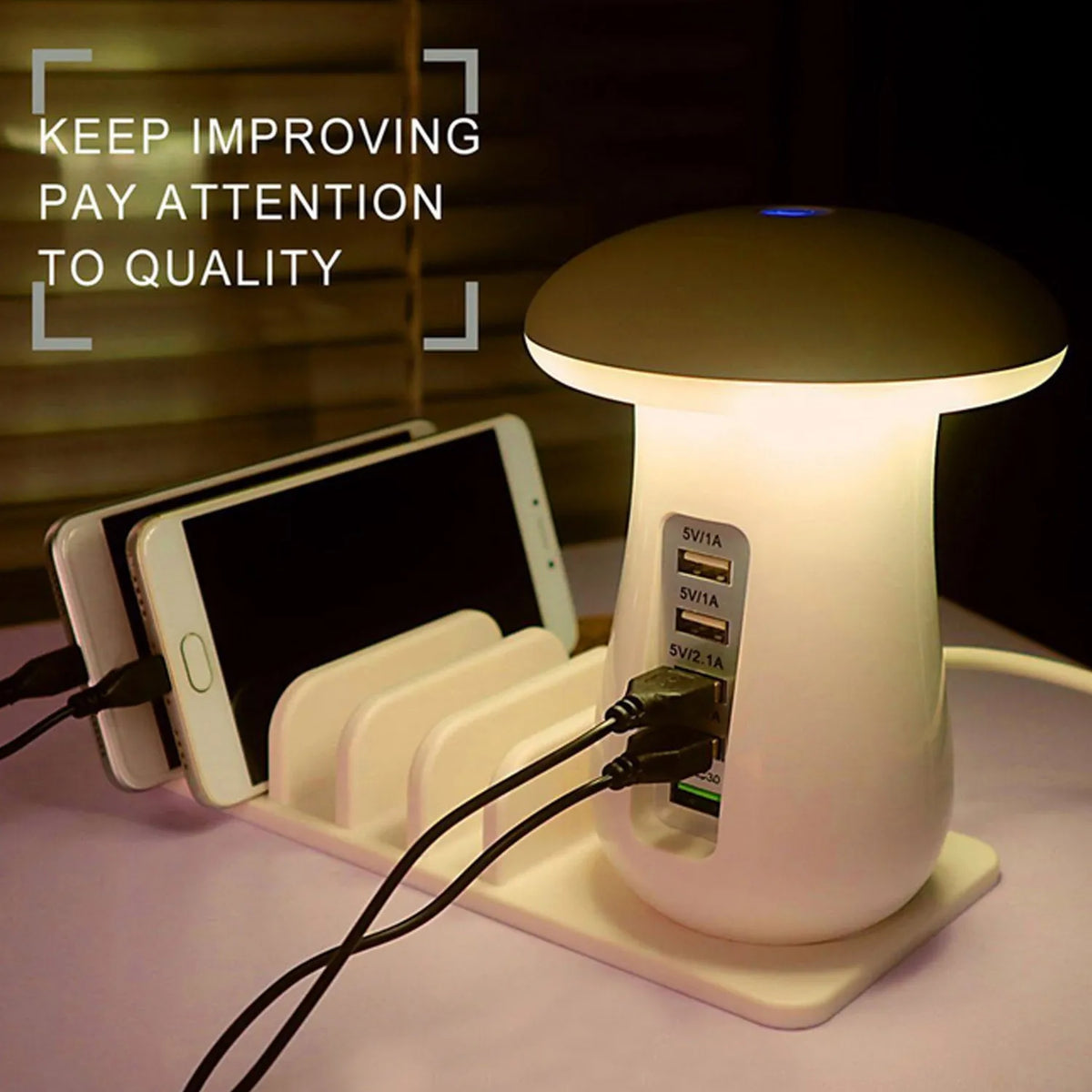 White Besegad mushroom-shaped USB charging dock station with five ports and integrated LED desk lamp.