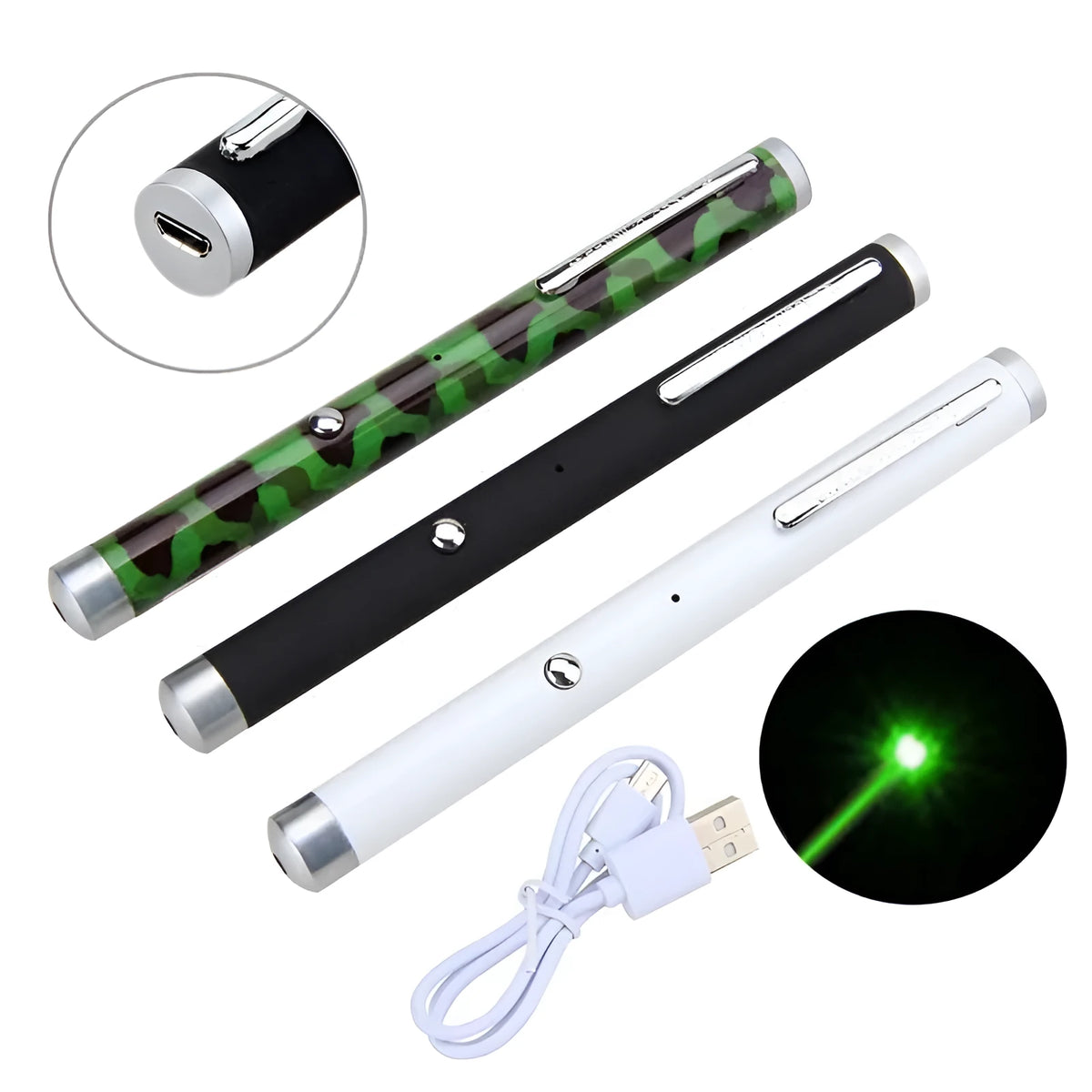 Green laser pointer pen with metal body in black, camouflage, or white.