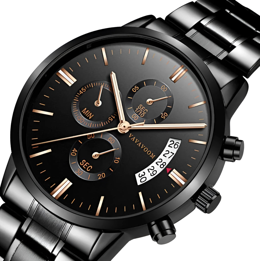 VA VA VOOM men's stainless steel watch with black dial and silver chain, showing round 43mm case and butterfly buckle.