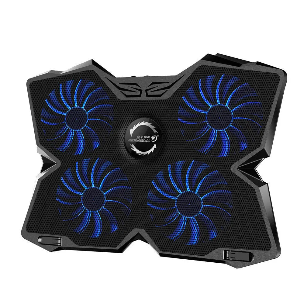 Blue computer cooling base with four LED fans, two USB ports, and speed control switches