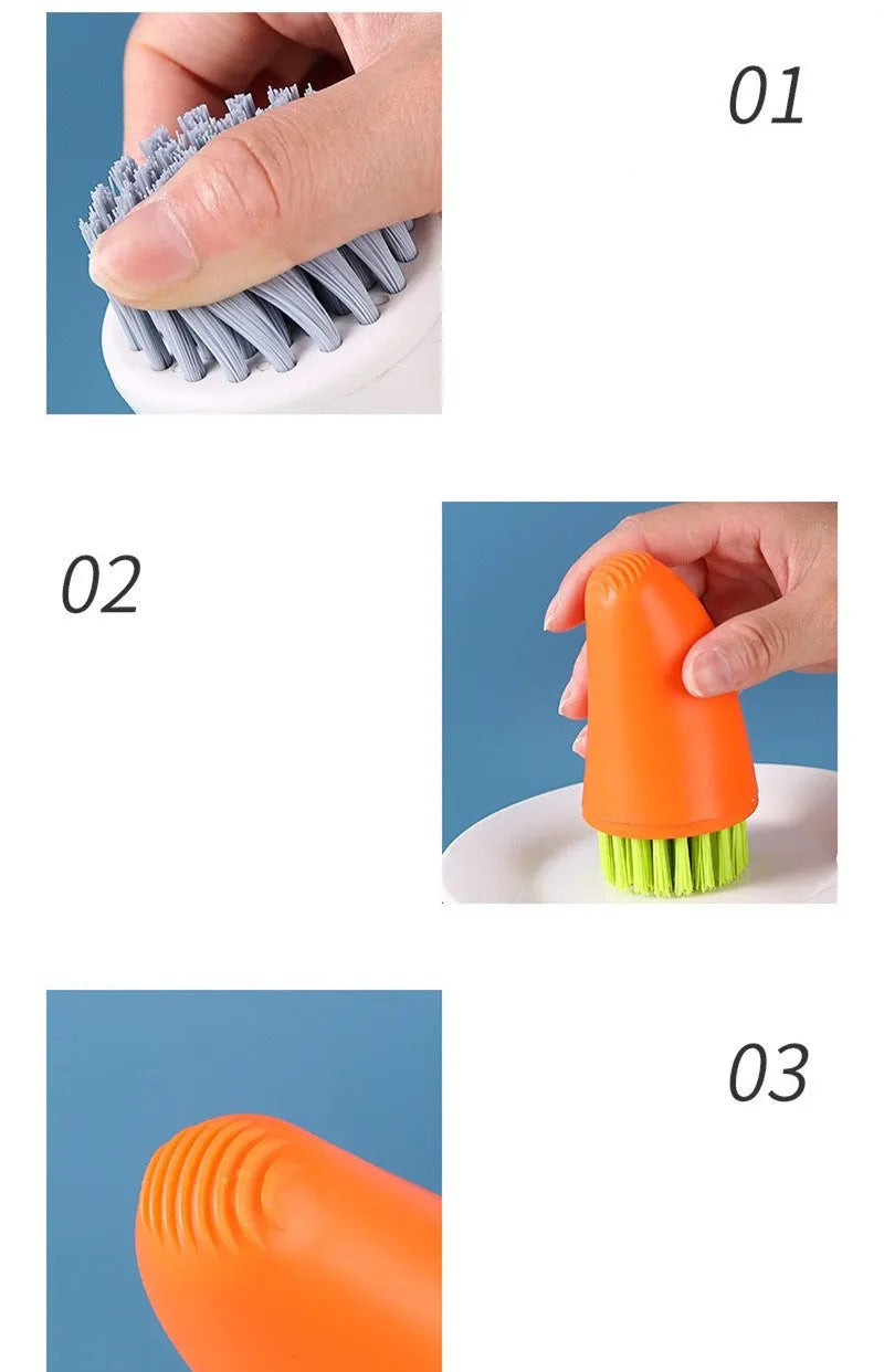 Carrot-shaped nylon kitchen cleaning brush on a white background, shown in orange and white colour options.