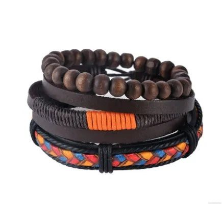 Hand-woven multilayer leather bracelet with wooden beads and adjustable vintage punk design