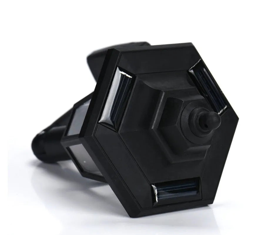 Black hexagonal solar-powered outdoor wall lamp with integrated solar panel