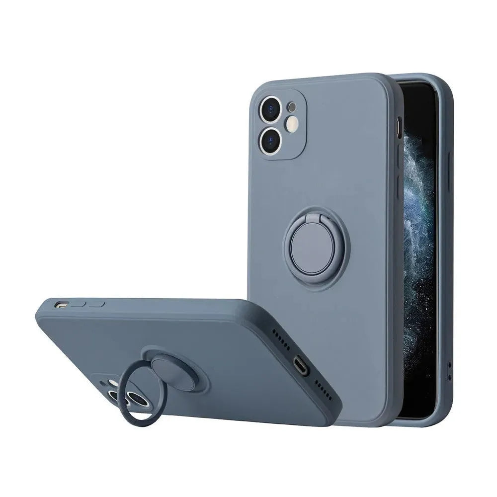 iPhone 12 silicone phone case in assorted colours featuring a built-in ring bracket on the back.