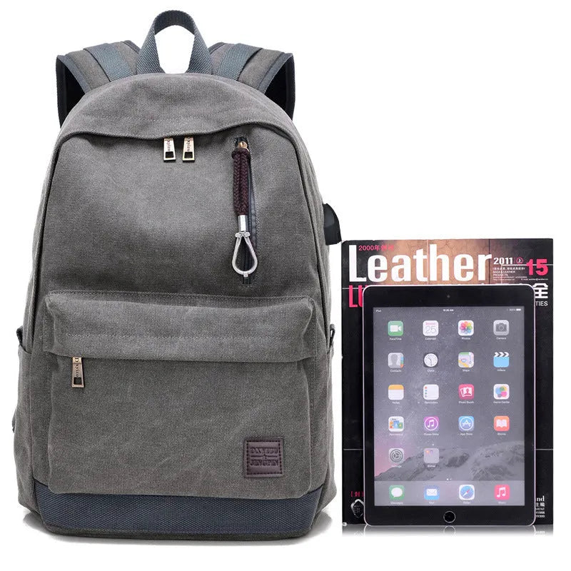 Canvas backpack with USB charging port in Coffee, Grey, Khaki, or Black colour.