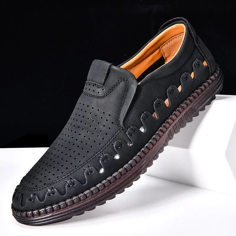 Men's brown slip-on casual shoes with round toe and flat PVC sole showing sewing line detailing