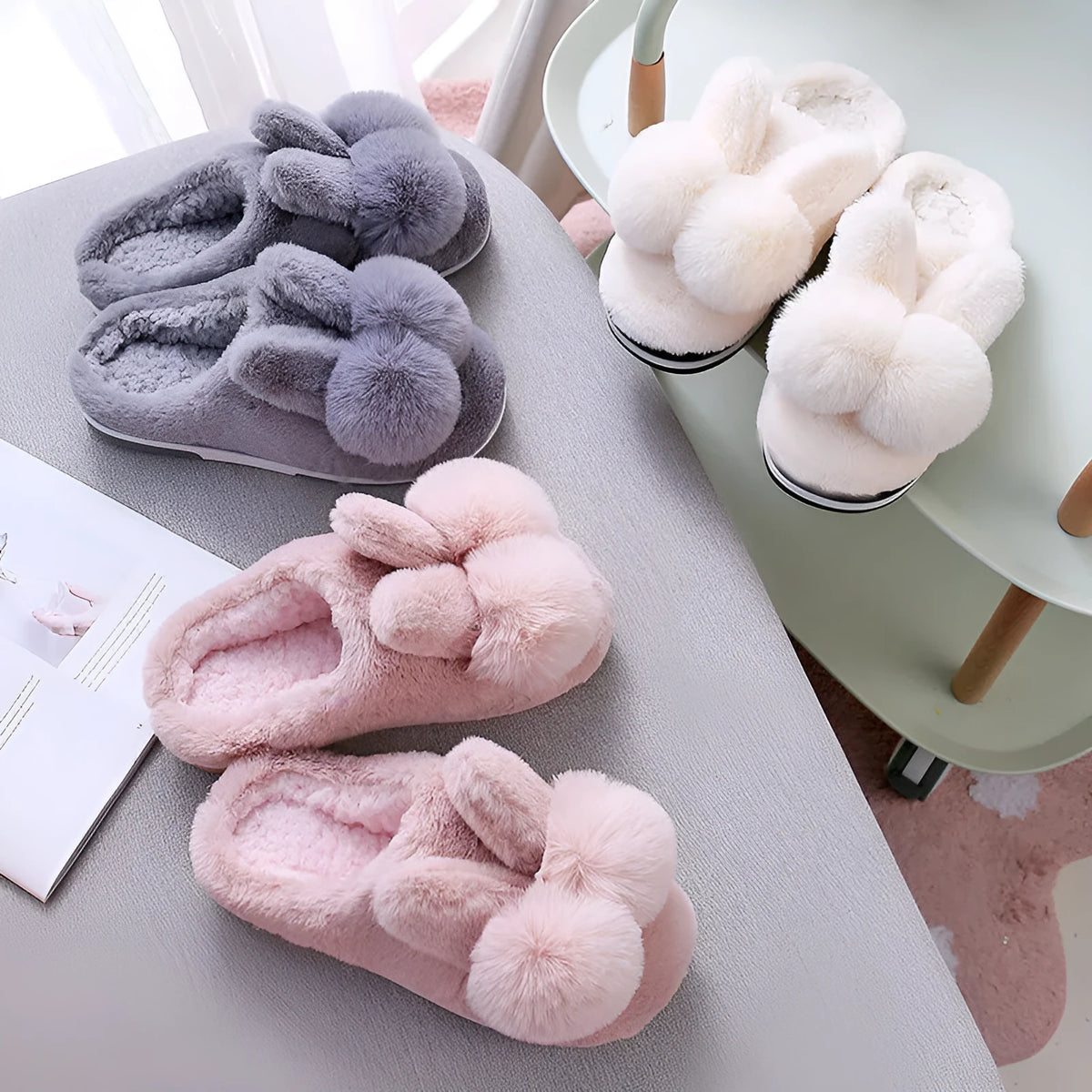 Women's fluffy pink rabbit fur winter slippers with a high overshoe design and sewn sole.