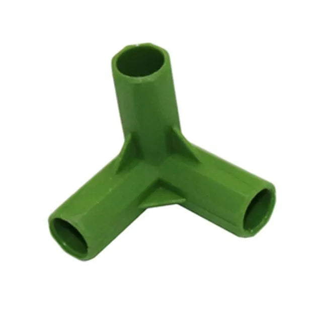 Two white PP plastic garden connectors, one with three arms and one with four, for connecting 11mm plant support stakes.