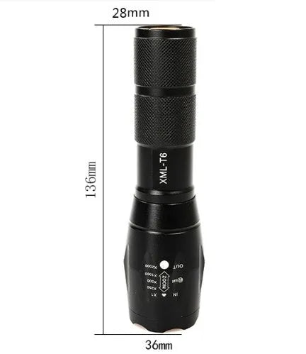 Black aluminium alloy LED zoom flashlight with adjustable focus ring and antiskid texture.