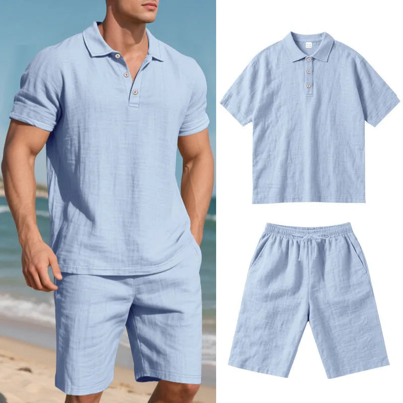 Men's linen blend shorts suit in apricot colour with short sleeves and casual fit