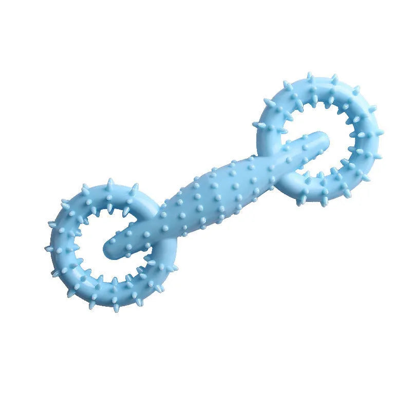 Blue TPR dog chew toy ring for teething puppies on a white background.
