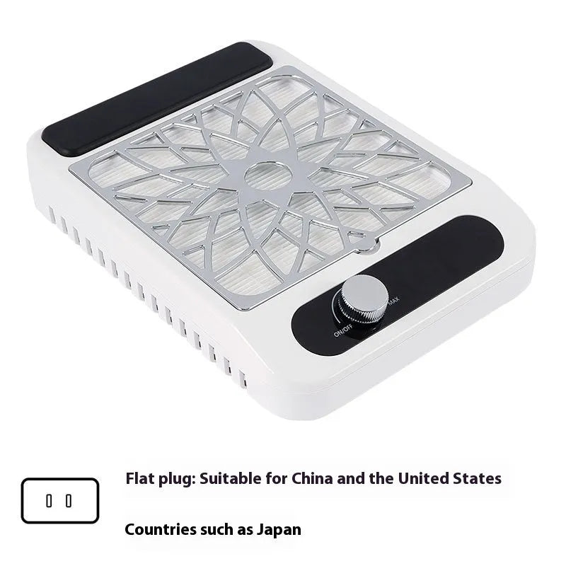 White nail dust collector with adjustable speed settings and filter net for manicure work