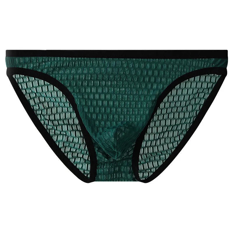 Men's low waist transparent lace underwear in black, shown flat