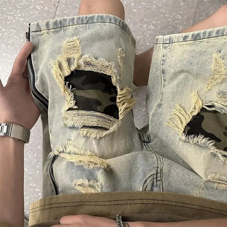 Men's ripped yellow mud camouflage denim shorts with a straight leg Korean style cut.