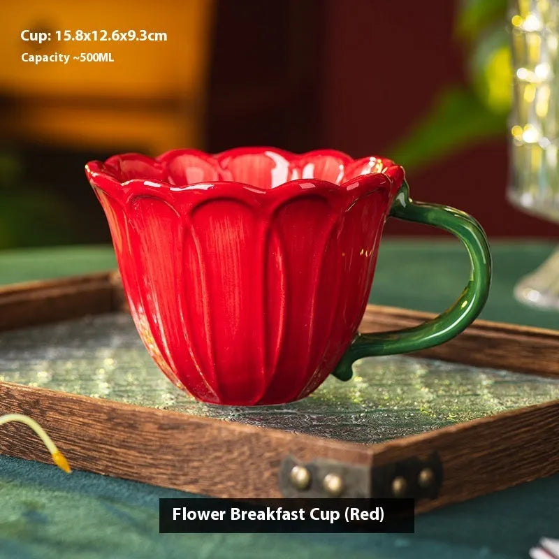 500ml ceramic breakfast cup with pastoral floral pattern in red or purple colours