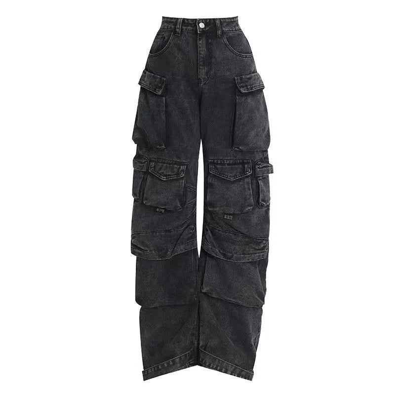 Women's tie-dyed high waist jeans with multiple pockets and wide leg silhouette