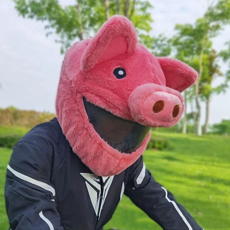 Pink pig cartoon plush helmet protective hood made from PV velvet cloth fabric with protective sleeve