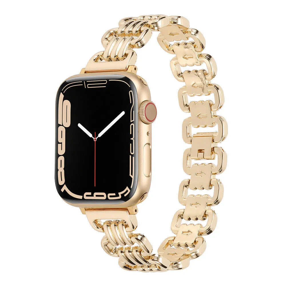 Alloy metal Apple Watch strap in silver, black, gold, rose gold, and Starlight colours on a watch case.