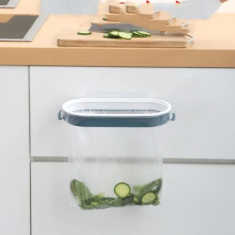Blue plastic kitchen garbage bag storage rack mounted under cabinet holding bin liners