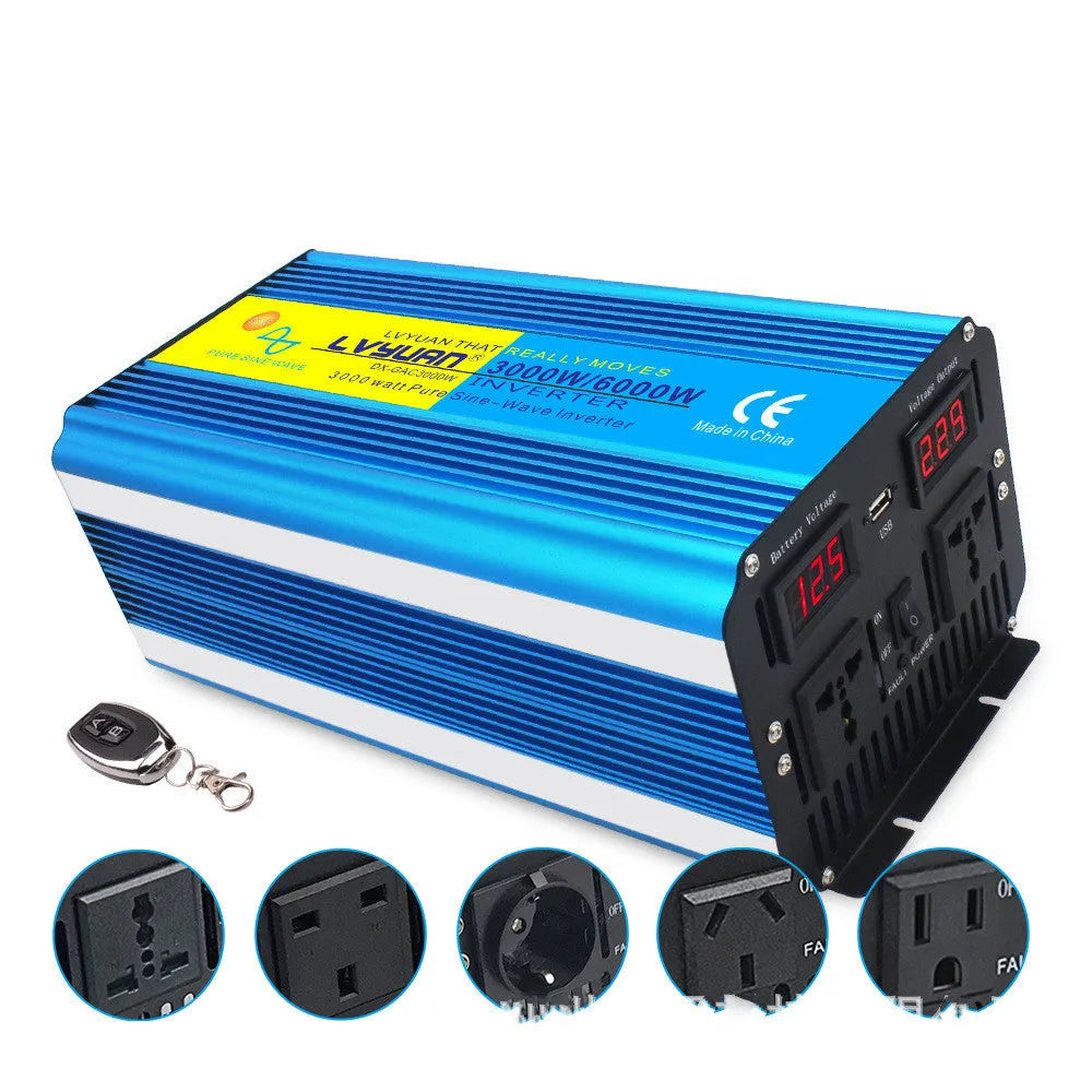 Blue 3000W pure sine wave power inverter with digital display and UK plug socket