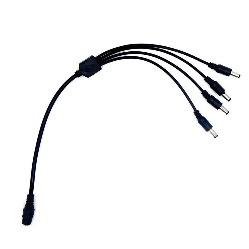 Black DC 4-way monitoring power cord with one input and four output connectors for CCTV cameras