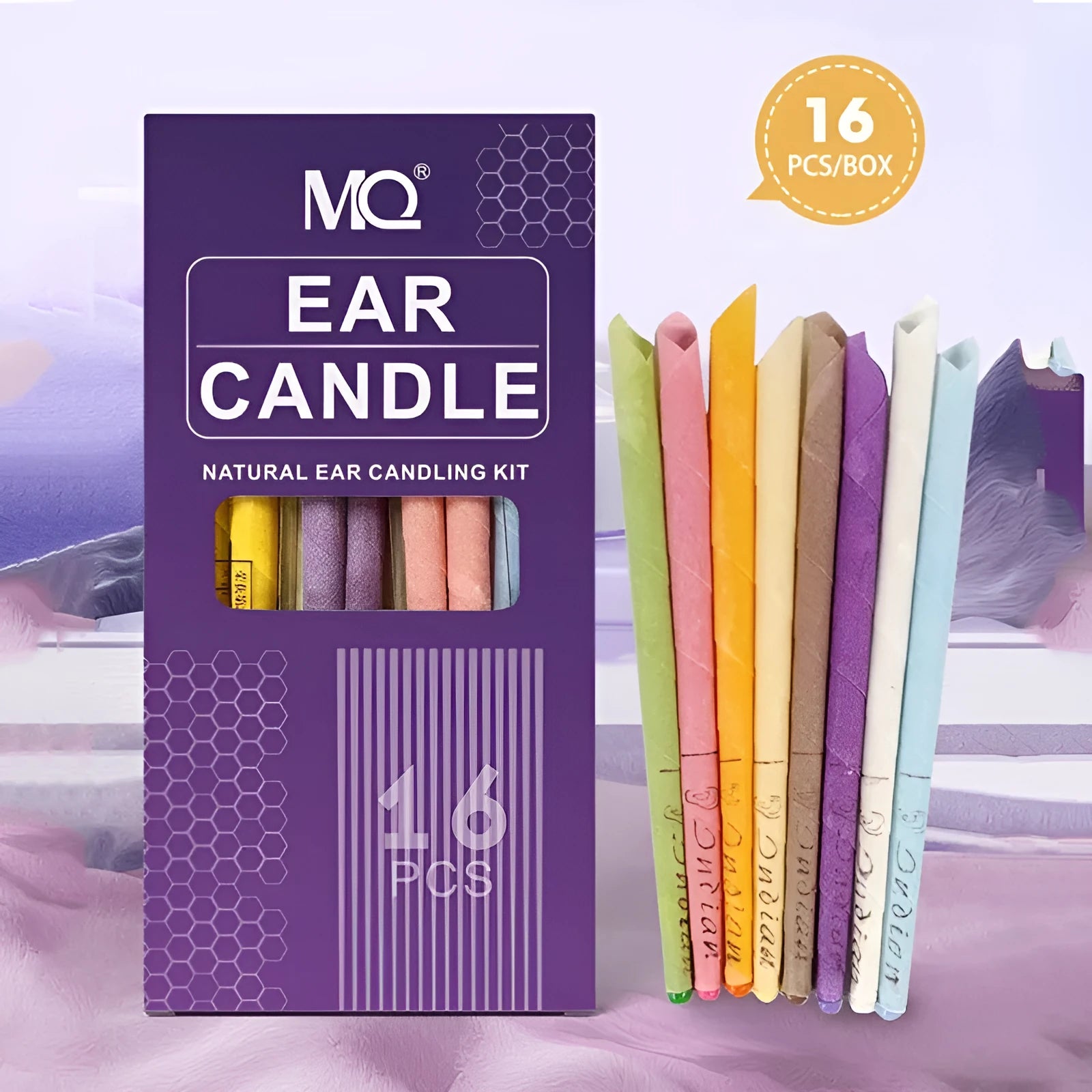 MQ Horn ear candles kit showing cotton cloth candles, protection boards, and cotton swabs in assorted colours.