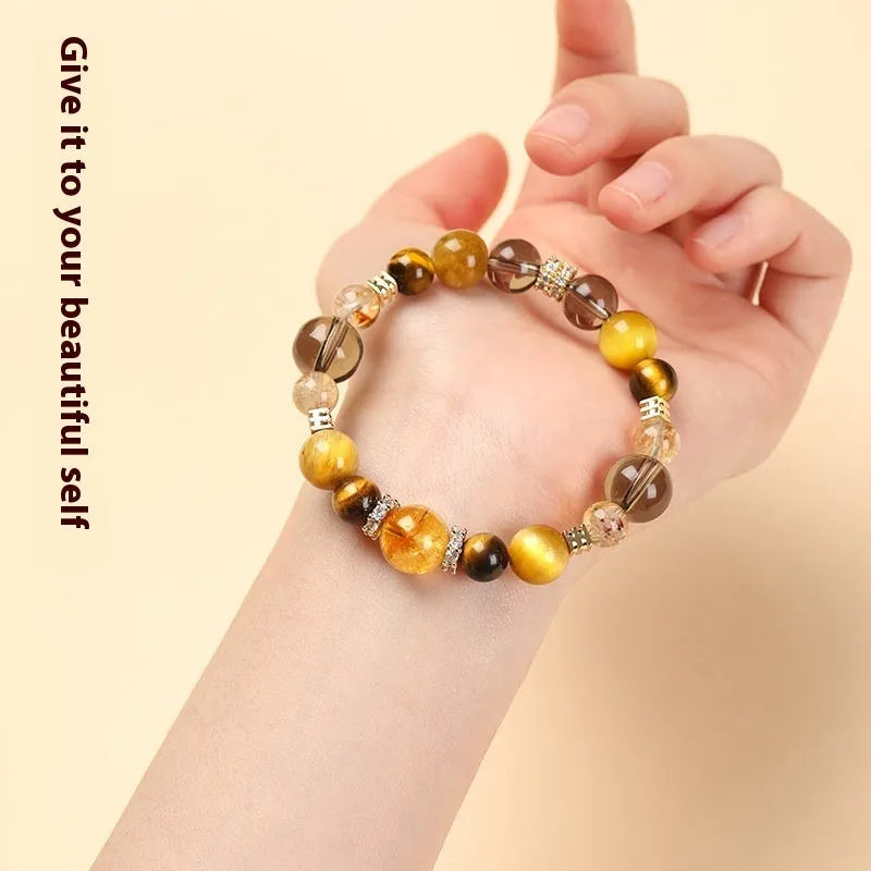 Natural yellow tiger-eye crystal bracelet with Jinba lucky design in geometry beads