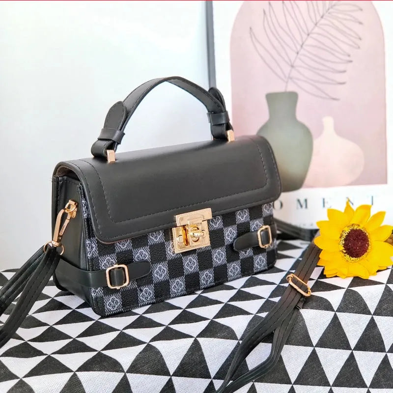 Square ethnic crossbody bag with floral stitching and plaid pattern design