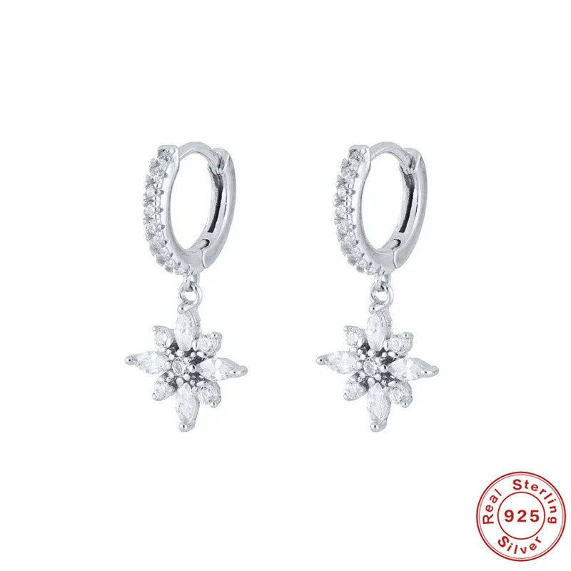Sterling silver snowflake pendant earrings with gemstone accents in white gold or yellow gold colour options
