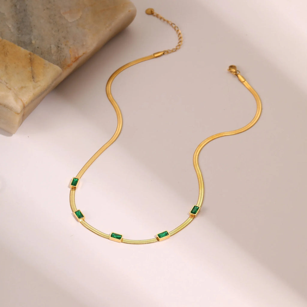 RETRO geometric square zircon pendant necklace on a stainless steel flat snake chain in gold or steel colour.