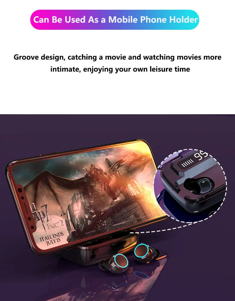 Black M11 style Bluetooth wireless earbuds with charging case showing digital display