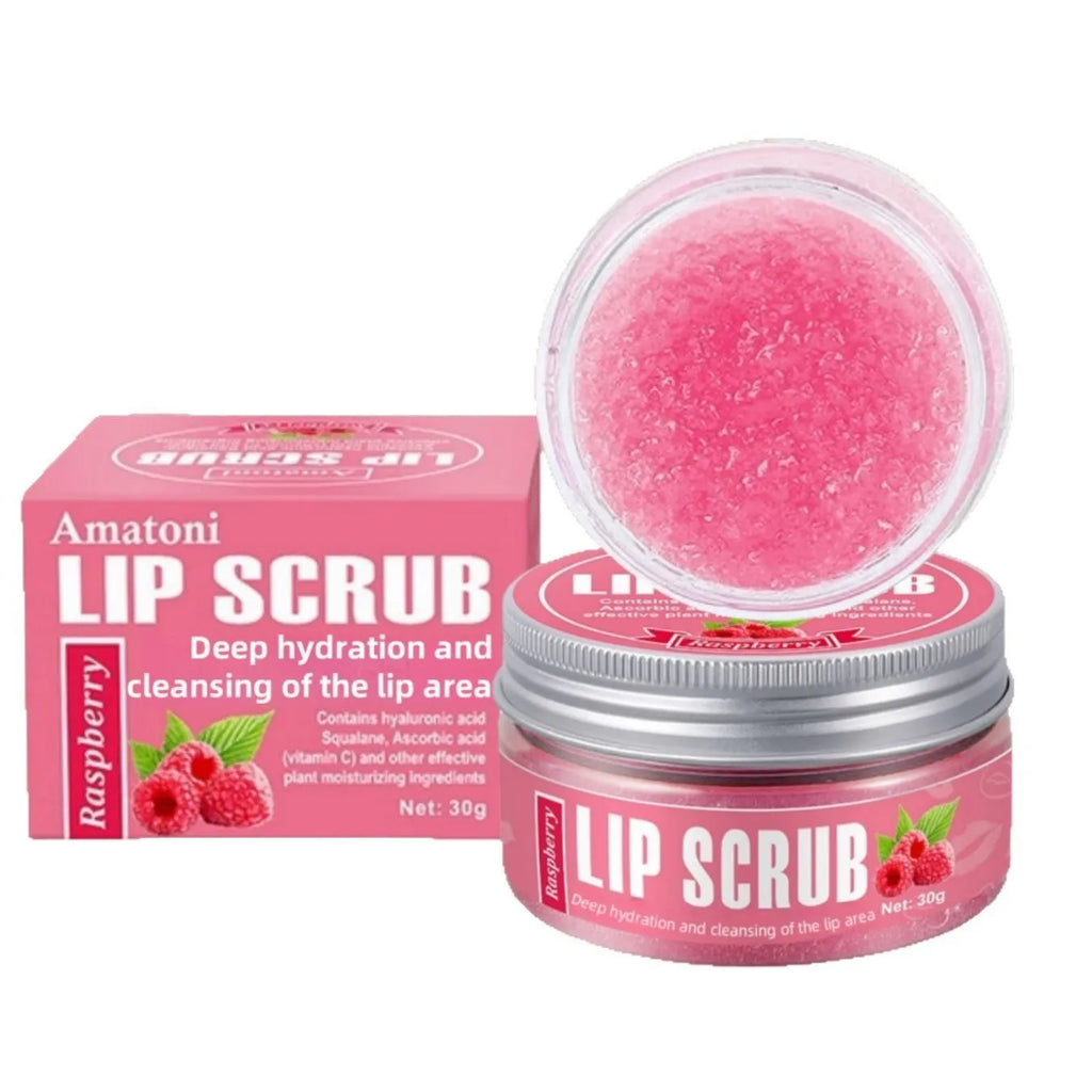 Amatoni fruit flavour lip scrub cream in 30g pot with coconut, raspberry, vanilla or watermelon options