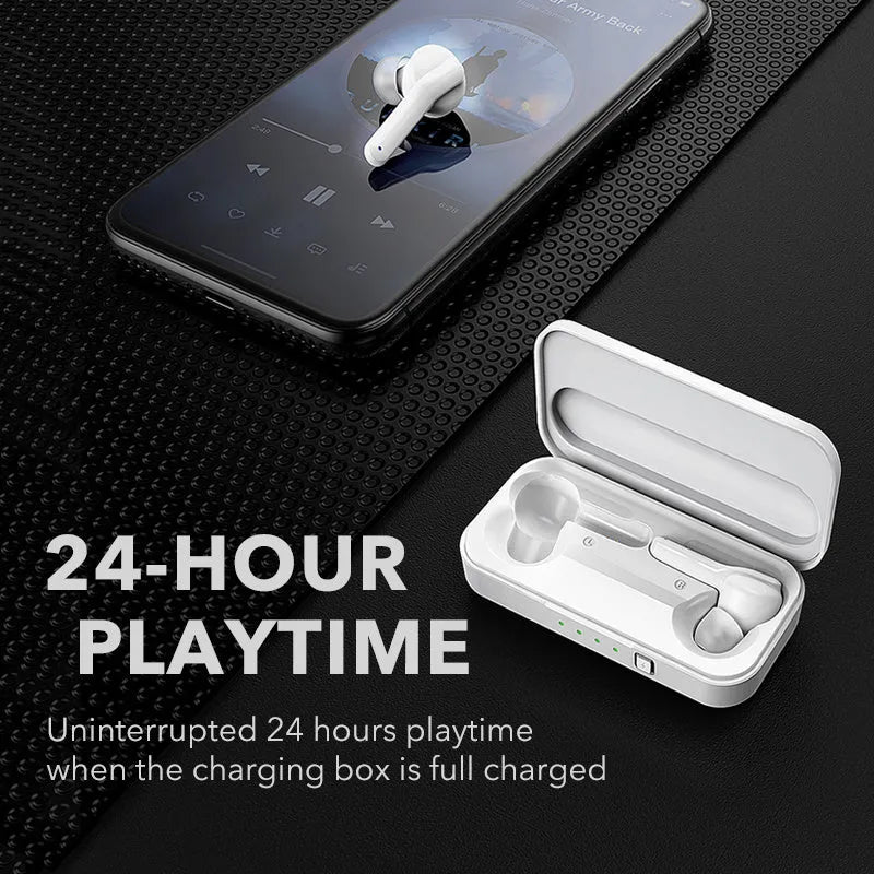 Black and white true wireless stereo earbuds with Bluetooth 5.0 and IPX5 waterproof rating