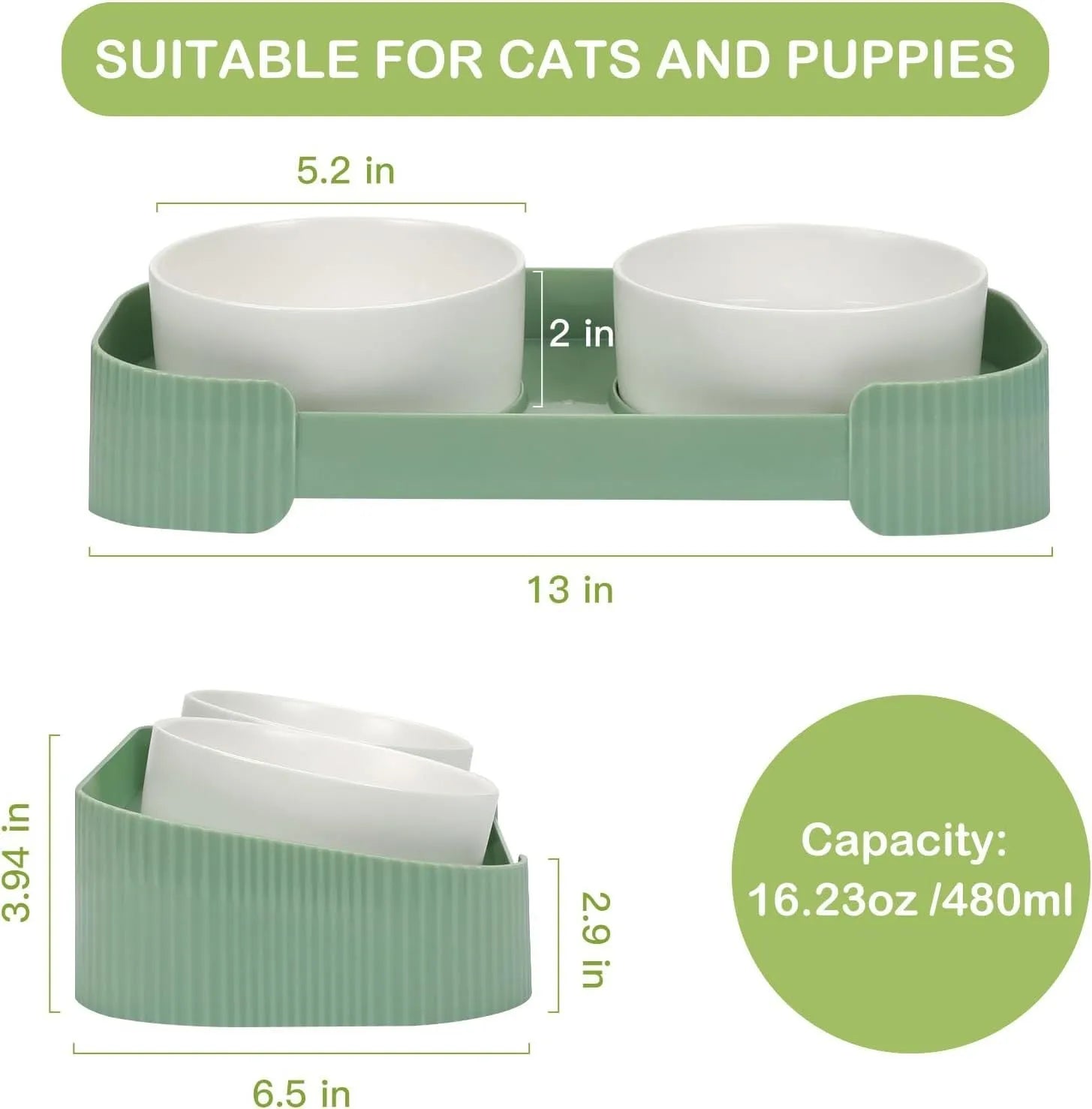 Green ceramic elevated cat bowls with 15 degree tilt on non-slip base