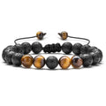 Matte black tiger eye agate couple bracelets with geometric bead modelling