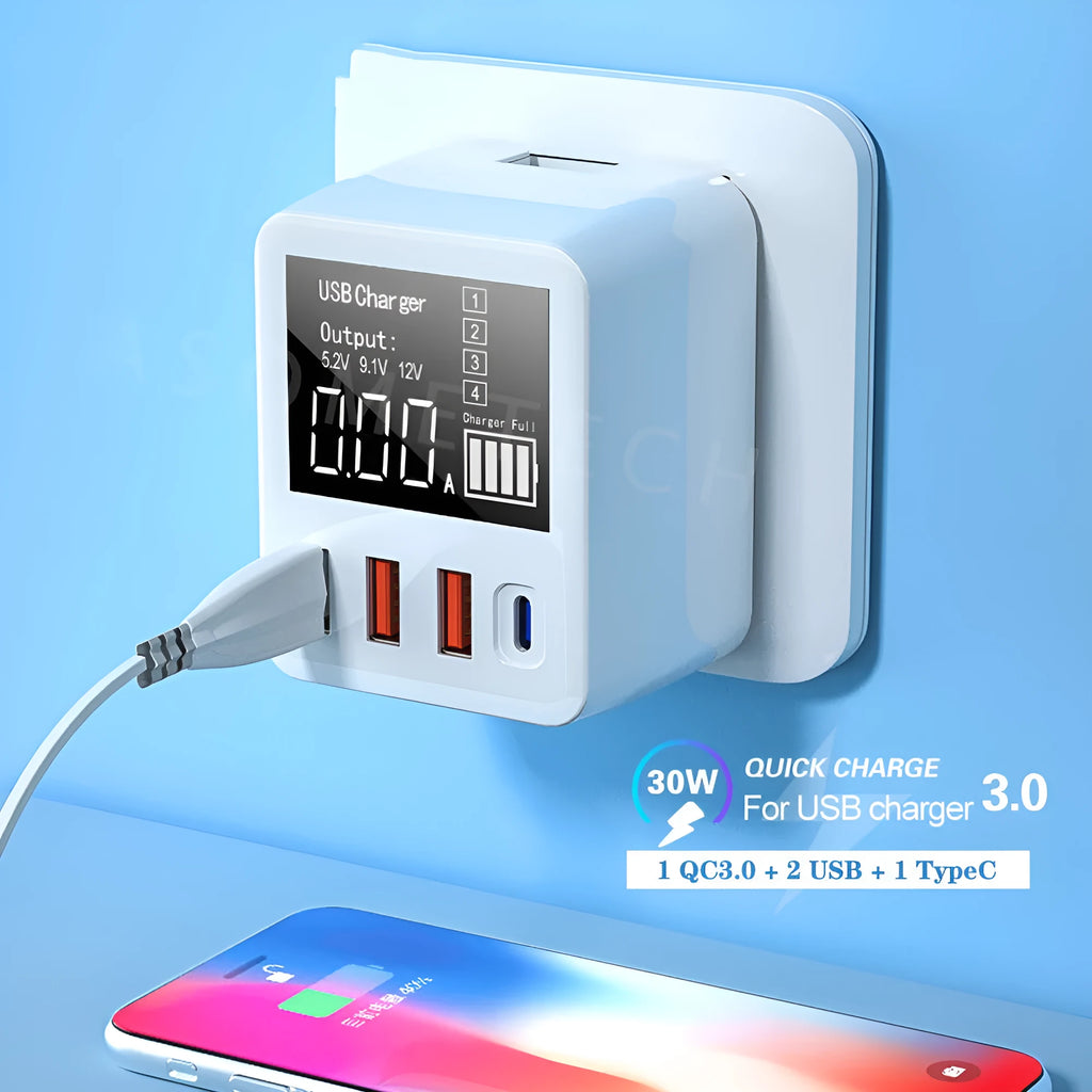 White 4-port travel charging head with LED display and UK plug for multiple device charging
