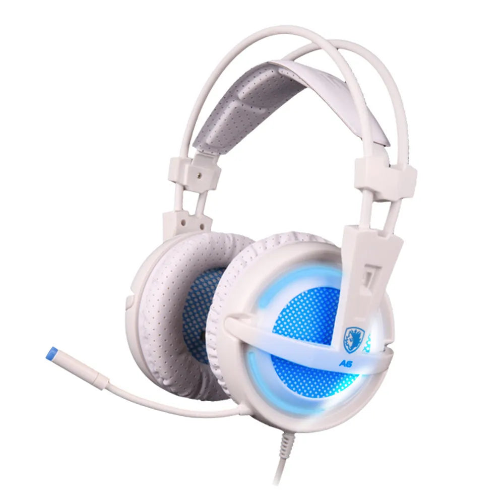 Black and white 7.1 channel USB gaming headset with LED lights on ear cups and padded headband.
