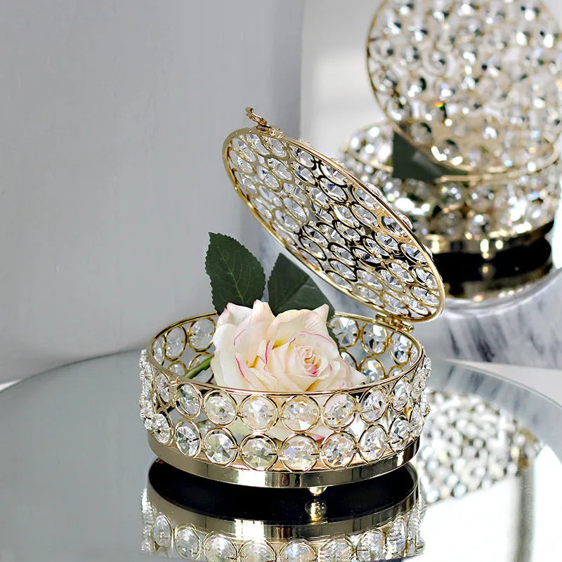 French gold jewelry storage box with crystal glass transparent lid on iron frame