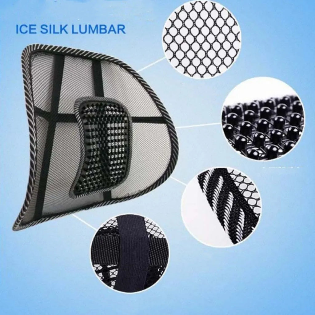 Black car lumbar support pillow showing dimensions of 41cm by 39cm with steel frame construction