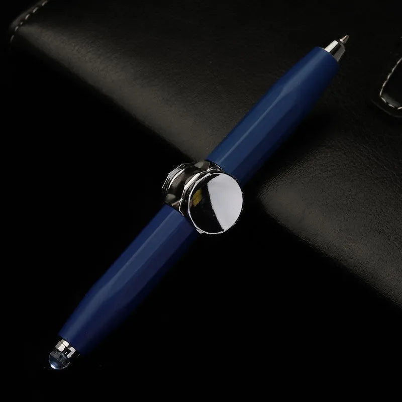 Metal ballpoint pen with integrated LED gyro spinner showing colour-changing lights during spinning